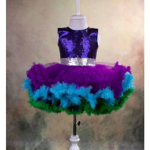 New Purple Tutu Outfit Infant Girl Dress Knee Length Sequined Tulle Baby Girl First Birthday Dress Kids Party Gowns Size 1-16Y
