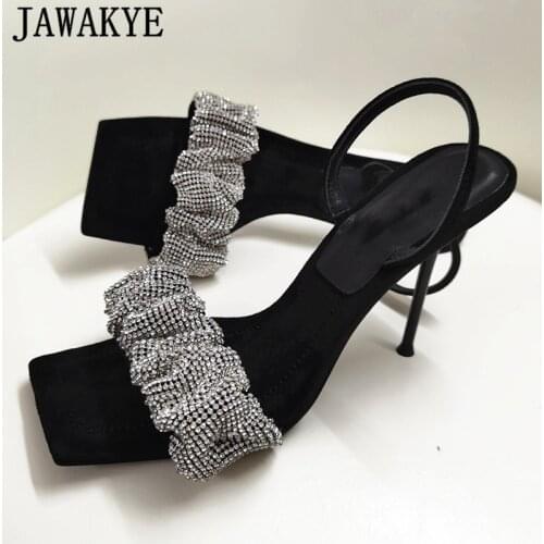 Crystal Pleated Band High Heels Sandals Women Party Shoes Real Leather Back Strap Women Shoes Sexy Open Toe Black Banquet Sandal
