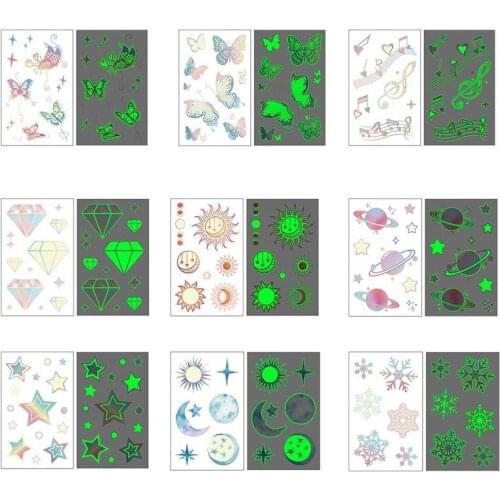 Luminous Tattoo Sticker Children Arm Face Glowing Tattoo Children Body Art Tattoo Butterfly Snowflake Diamond Tattoo Cartoon