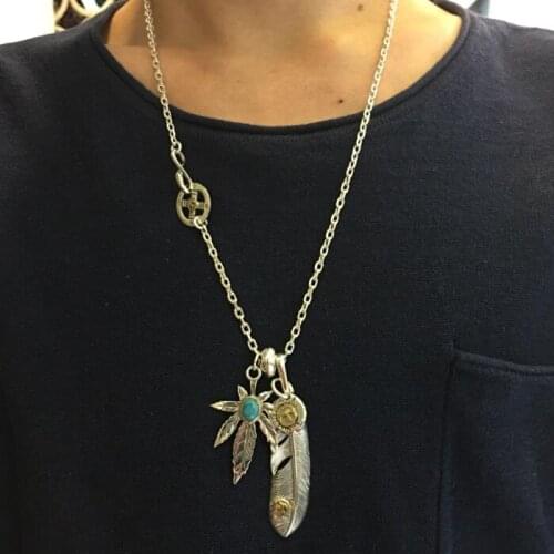 Vintage Indian Style Pure Silver 925 Long Necklace Men Women Handmade Sterling Silver Jewelry Eagle Tag Feather & Leaf Pendants