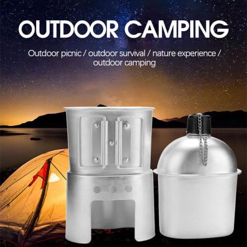 Military Kettle Aluminum Canteen Lunch Box Drinking Bottle Alcohol Stove Set With Storage Bag For Outdoor Hiking Camping