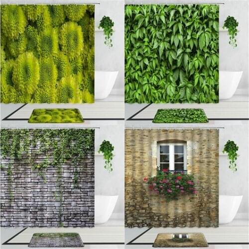 Green Dahlia Shower Curtain Retro Stone Wall Green Leaf Plants Flower Bathroom Waterproof Bath Curtains Set Non-Slip Carpet Mat