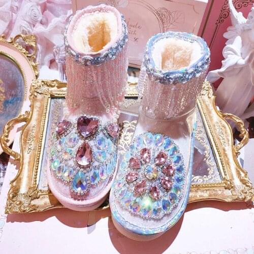 Womens boots 2020 winter new luxury sweet hand-studded warm riding boots fashion sequins leather fur one snow boots