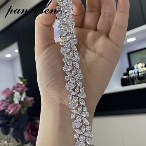 PANSYSEN Luxury 100% 925 Sterling Silver Simulated Moissanite Diamond Charm Bracelets Bangle for Women Wholesale Fine Jewelry