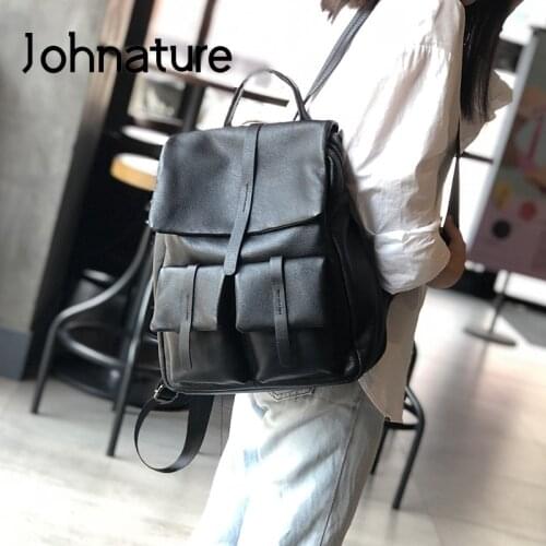 Johnature Retro Genuine Leather Large Capacity Shoulder Bag Women Backpack 2020 New Simple Solid Color Men Travel Backpack