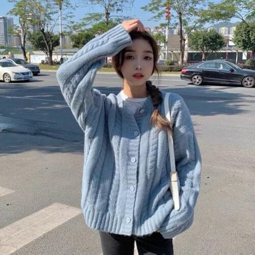 Womens Short Sweater Autumn Winter Vintage Solid O Neck Knitted Cardigan Female Single Breasted Long Sleeve Loose Cardigan Q766