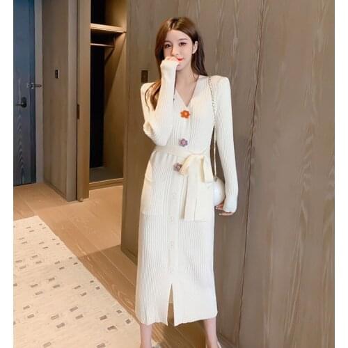 2021 Fashion Spring Autumn Sweater Women Single Breasted Long Sleeve V-Neck Solid Knitted Female Pleated Slim Dresses Vestidos