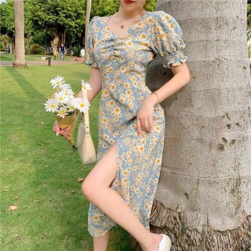 2020 Summer French Retro Flower Dress Women Slim Slit Elegant Dress V-neck Puff Sleeve Long Green Dress