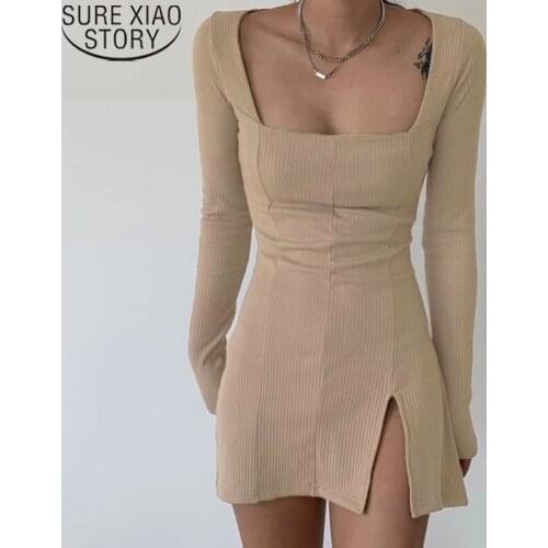 Mini Knitted Dresses Khaki Black Dresses Sexy Hipster Dress with Square Neck Summer Long Sleeve Dress Vestido Feminino 14638