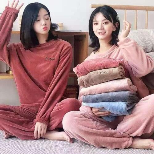 2020 Winter Coral Fleece Pajama Set Women Thick Warm Flannel Velvet Cozy Two Pieces Sleepwear Suit Ladies Home Clothing Homewear