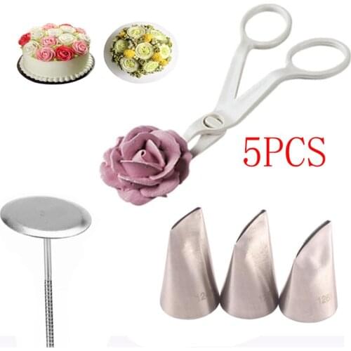 5Pcs/set Flower Scissors+Cake Decorate Tray +Rose Nozzle Nail Decor Lifter Fondant Cream Transfer Baking Pastry 124K 125K 126K