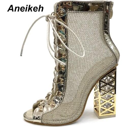Aneikeh 2019 Fashion Classic Lace-Up Style Metal Decoration Woman Hollow-out Square-heel Cross-strap Summer High-heel Sandals