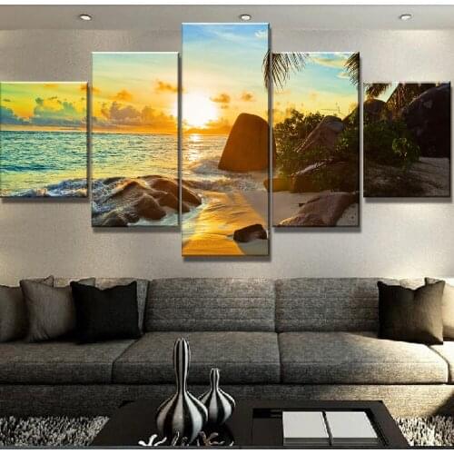 HD Print Painting Sunset Beach Landscape Unique Poster Gift Picture 5 Piece Canvas Wall Art Living Room Home Modern Decoration