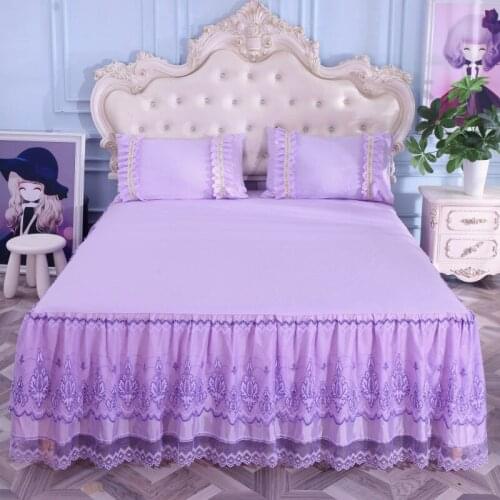 Palace-style embroidery Bed Sheet Purple Elegant Lace Bed Dress Mattress Protect Cover Home Sleeping Bed Skirt Sheets Girls Bed