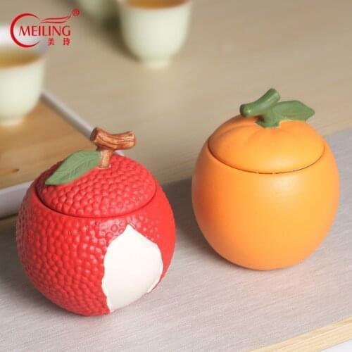 Creative Handcrafted Ceramic Litchi Orange Tea Caddy Box Portable Decorative Home Kitchen Table Shelf Storage Container Cute Jar