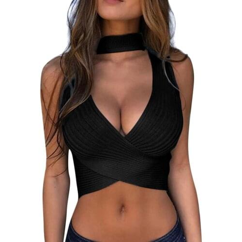 Summer Sexy Crop Tops Womens Fashion Knitted Vest Deep V Halter Neck Sleeveless Backless Cami Tank Top Solid Color Slim Fit Top