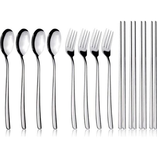 Spoon Fork Chopstick,Flatware Silverware Cutlery, Stainless Steel Tableware, Long Handle Kitchen Dinnerware(4 Pairs)