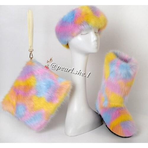 Fashion Fox Faux Headband Furry Purses Sets Multifunctional Winter Boots For Women Made In China With Bag