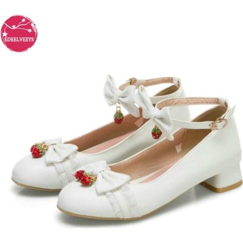 Fashion Cosplay Party Princess Lolita Women Shoes Low Heel Mary Jane Butterfly-Knot Block Pumps Shining Strawberry Pendant