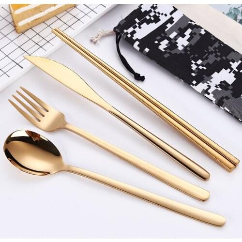 24pcs Portable Travel Cutlery Set 304 Stainless Steel Korean Food Gold Dinner Set with Gift Bag Rainbow Travel Tableware Sets
