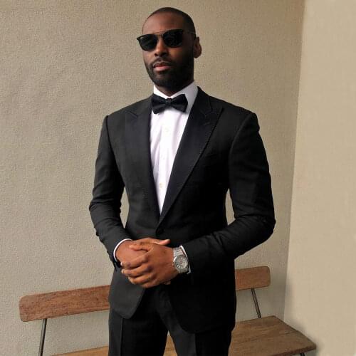 Black Mens Suits Peaked Lapel For Wedding Male Blazer Tailored Formal Tuxedos Slim Fit Prom Jackets With Trousers And Bow Tie