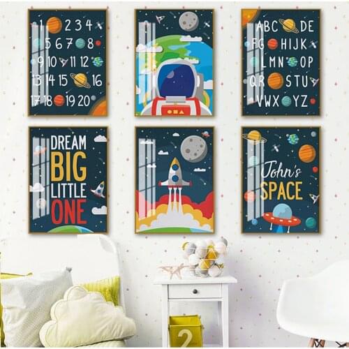 Posters And Prints Wall Pictures Baby Kids Room Decor Custom name Astronaut Alphabet Numbers Nursery Wall Art Canvas Painting