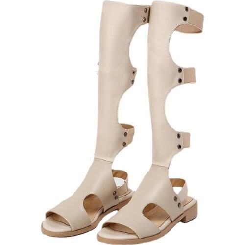 Roman Gladiator Sandals Women Knee High Summer Boots Brand Fashion Sexy Cut Out Black Beige Leather Casual Dress Shoes