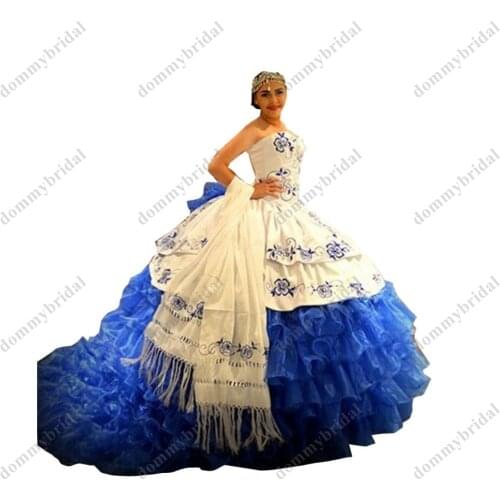 Modest Royal Blue Flower Embroidery Sweetheart Quinceanera Prom Dresses Mexican Charro XV Ball Gown Ruffles Satin Sweet 15 16