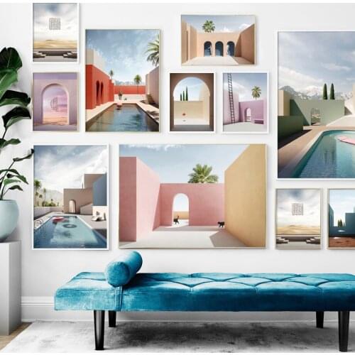 Modern Abstract Architecture Canvas Painting Palm Tree Swimming Pool Wall Art Nordic Posters and Prints Pictures Home Decoration