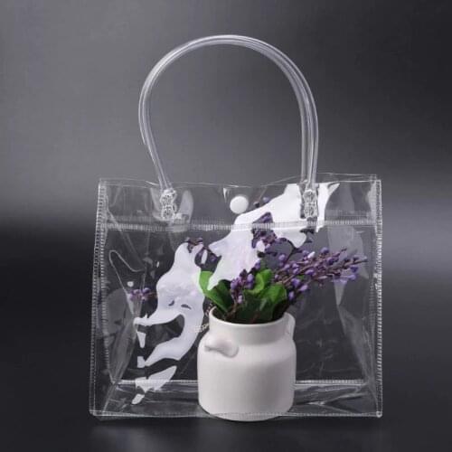 THINKTHENDO Clear Tote Bag PVC Transparant Handbag With Handle Wedding Party Favors Makeup Packaging Bags With Button
