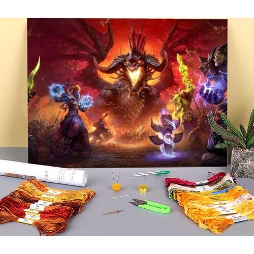 World Of Warcraft Printed Water-Soluble Canvas 11CT Cross-Stitch Embroidery Complete Kit DMC Threads Painting Craft Gift