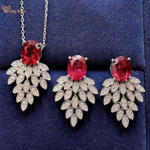 Wong Rain 925 Sterling Silver Oval Cut Ruby Created Moissanite Gemstone Wedding Party Vintage Necklace/Earrings Jewelry Set 2Pcs