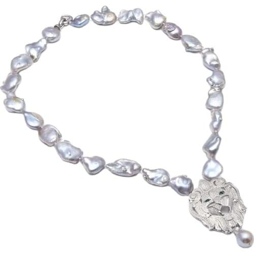 GuaiGuai Jewelry 25'' 20MM Grey Natural Keshi Pearl Necklace CZ Lion Barpque Pearl Pendant Handmade For Women