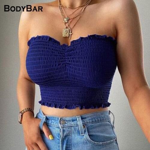 Female Backless Off Shoulder Top Women Pleated Wrapped Chest Tube Tops Straps Pad Short Cropped Tee Sexy Bottoming T-shirts S-XL