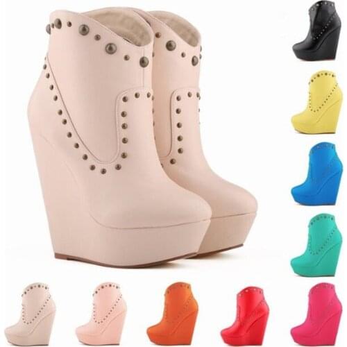 Women Shoes Round Toe Pumps Sexy Wedding Party PU 14CM Wedges High heels Slip On Rivet waterproof zapatos de mujer size 35-42