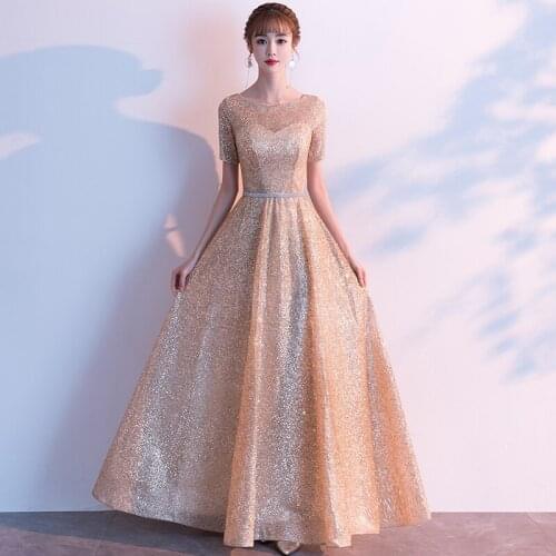 Golden Formal Evening Dress 2019 New Long Style Elegant Banquet A-line Prom Party Dresses Sequins Short Sleeve Robe De Soiree