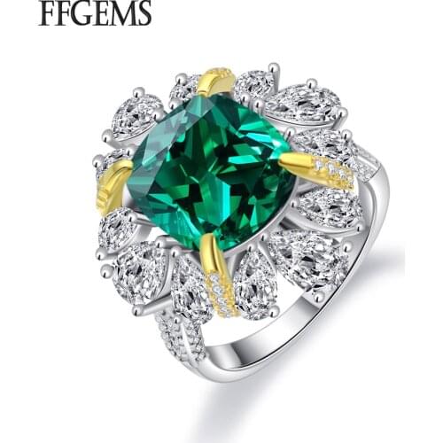 FFGems 100% Sterling Silver 925 rings Created Moissanite Emerald Gemstone Wedding Engagement for women Fine Jewelry with box