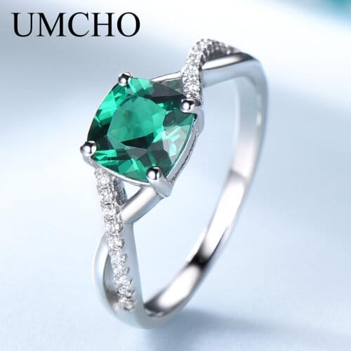 UMCHO Genuine 925 Sterling Silver Rings Created Nano Emerald Rings For Women Classic Anniversary Valentines Gift Fine Jewelry