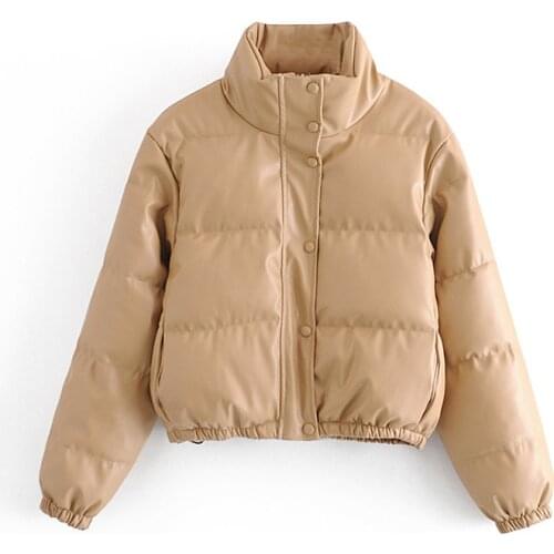 Ailegogo New Women Autumn Winter Faux Leather Cotton Coat Stand Collar Zipper Loose Warm Short Parka Streetwear Black Jacket