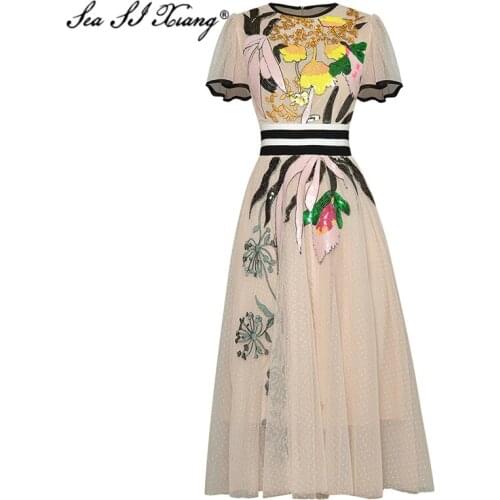 Seasixiang Fashion Designer Summer Mesh Dress Women Butterfly Sleeve Embroidery Sequined Bohemian Dresses