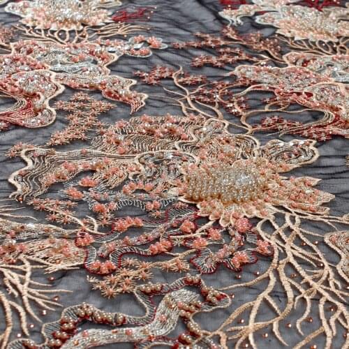 1yard New fashion style mixed color heavy handmade beads on netting embroidery wedding dress lace fabric