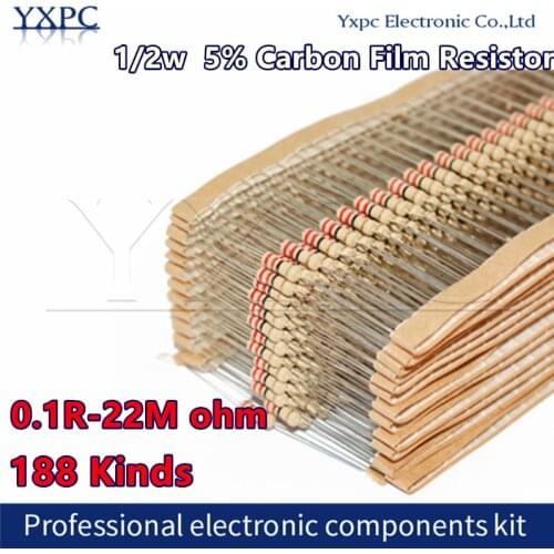 100pcs 1/2w 0.5W 5% Carbon Film Resistor 1R~1M 2.2R 10R 22R 47R 51R 100R 150R 470R 1K 4.7K 10K 47K 1 2.2 10 22 47 51 100 150 ohm