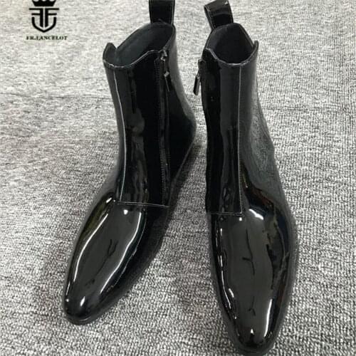 18 Luxury High Top Handmade Pointed Toe Patent Leather T Stage Luxury Boots Wedge Ankle Chelsea Men Zip Boots