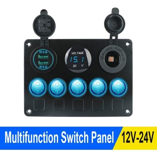 5 Gang LED Toggle Rocker 12V/24V Car Marine Switch Panel Digital Voltmeter Dual USB Port For Car RV Truck ATV UTV Waterproof