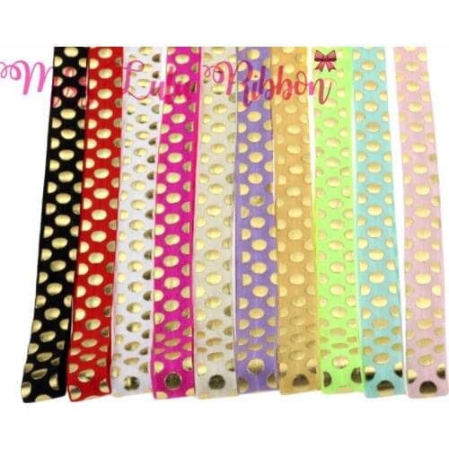 5/8"16mm(1.5cm) gold foil polka dots printed fold over elastic ribbon handmade hair bows sewing tool 10 yards