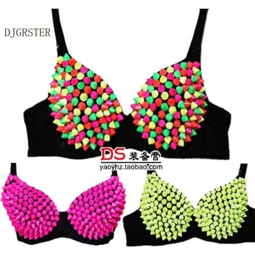DJGRSTER Sexy Bra Women Fashion Spike Stud Rivet Bra Gold Silver Lingerie Punk Party Wear Clubwear push up Bra for women