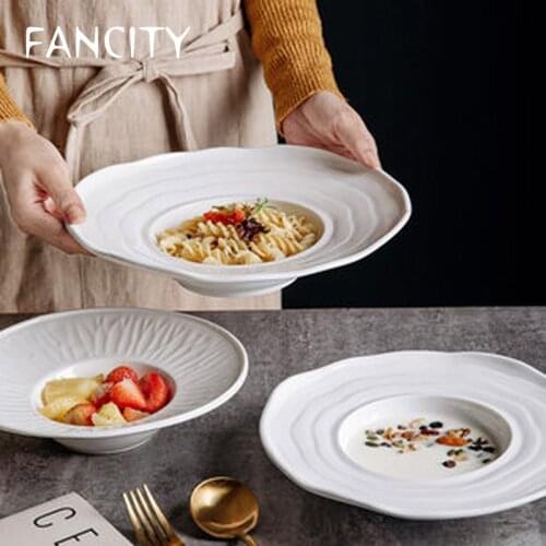 FANCITY Simple white ceramic plate straw hat plate flying saucer plate pasta plate western-style soup plate restaurant hotel