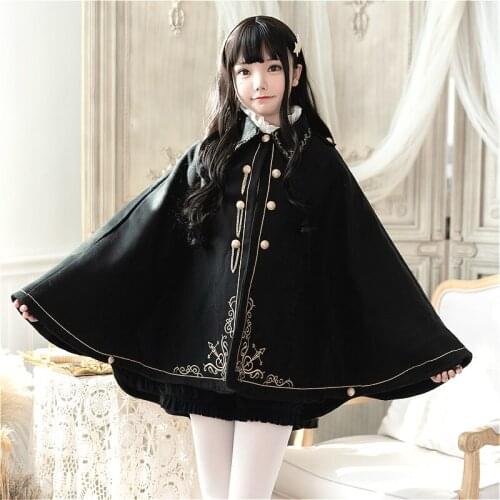 Harujuku Anime Girl Autumn/winter Jacket Cool Night Earl Handsome Embroidered Dovetail Cape Thickened Coat Lolita Cloak Loli Top