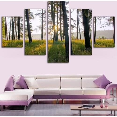 Canvas HD Print Modern Home Decor Painting Modular 5 Panel Sunshine Trees Landscape Frame Wall Art Poster Living Room Pictures
