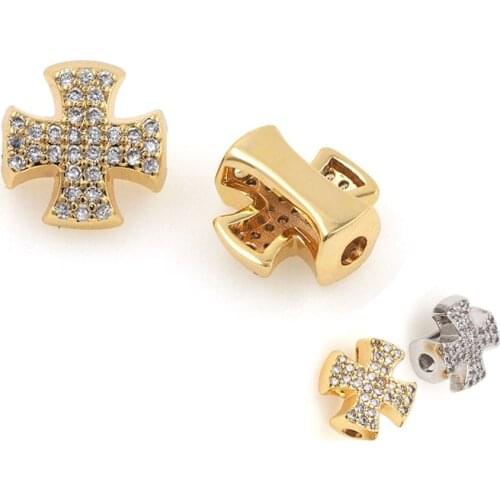 Micropavé CZ Cross Beads, DIY Personalized Bracelet, Hip-Hop Jewelry, Gold Cross Crafts 11.4x11.4x5.7mm